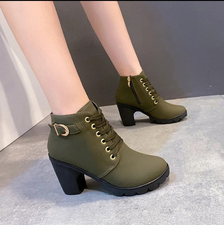 Bottines à Talon Épais et Haut avec Boucle de Ceinture Métallique, pour Femmes,