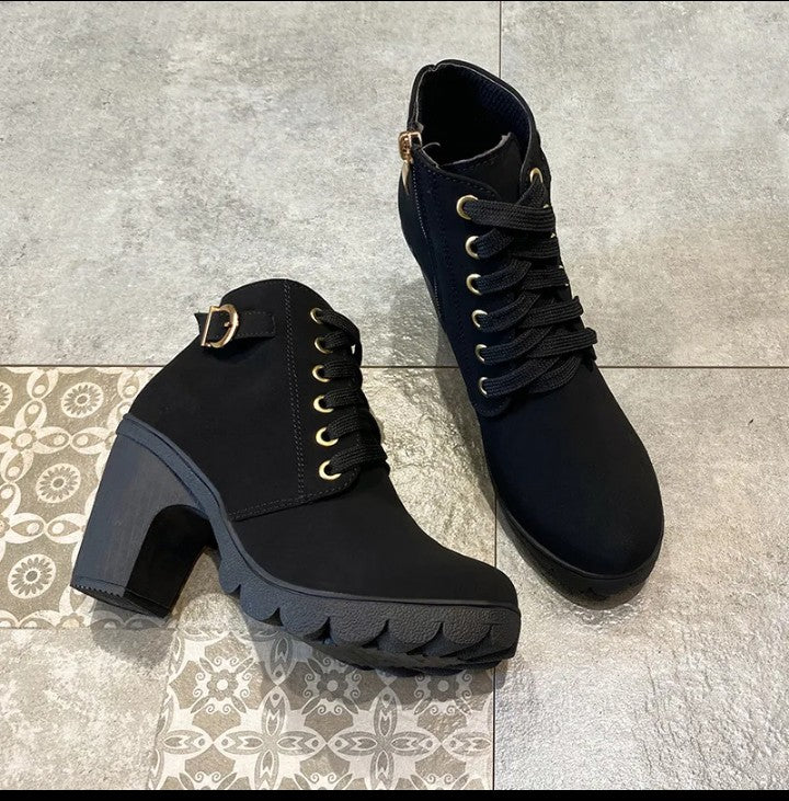Bottines à Talon Épais et Haut avec Boucle de Ceinture Métallique, pour Femmes,