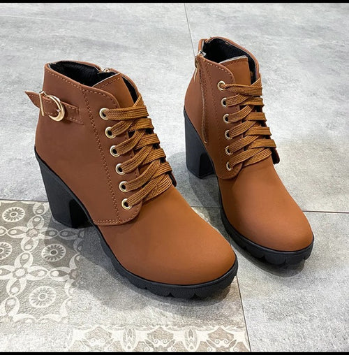 Bottines à Talon Épais et Haut avec Boucle de Ceinture Métallique, pour Femmes,